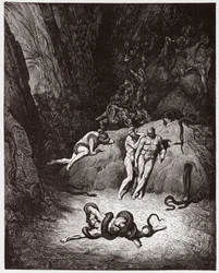 Den gudomliga komedin, Inferno, Sång 25: Agnello förvandlas till en orm - av Dante Alighieri (1265-1321) - Illustration av Gustave Doré (1832-1883)