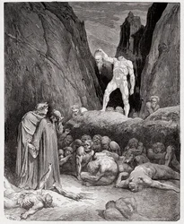 Den gudomliga komedin (La Divina Commedia, La Divine Comédie), Inferno, sång 28: Bertrand de Borns avhuggna huvud talar till Dante - av Dante Alighieri (1265-1321) - Illustration av Gustave Doré (1832-1883)
