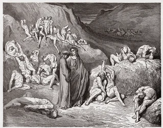 Den gudomliga komedin (La Divina Commedia, La Divine Comédie), Inferno, Sång 29: Förfalskarna och bedragarna plågade av klåda - av Dante Alighieri (1265-1321) - Illustration av Gustave Doré (1832-1883)