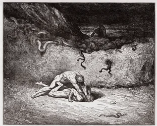 Den gudomliga komedin (La Divina Commedia, La Divine Comédie), Inferno, sång 30: Förfalskarnas plåga i den nionde bolgian (Gianni Schicchi) - av Dante Alighieri (1265-1321) - Illustration av Gustave Doré (1832-1883)