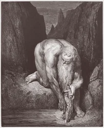 Den gudomliga komedin (La Divina Commedia, La Divine Comedie), Inferno, Canto 31: Jätten Antaeus sänker Dante och Vergilius in i den sista cirkeln - av Dante Alighieri (1265-1321) - Illustration av Gustave Dore (1832-1883)