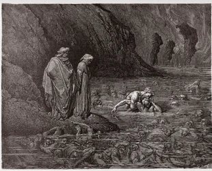 Den gudomliga komedin, Inferno, Sång 32: Ugolino gnager på ärkebiskop Ruggieris huvud - av Dante Alighieri (1265-1321) - Illustration av Gustave Doré (1832-1883)