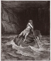 Den gudomliga komedin (La Divina Commedia, La Divine Comédie), Inferno, sång 3: Charon (Caron) på floden Acheron - av Dante Alighieri (1265-1321) - illustration av Gustave Doré (1832-1883)
