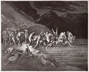 Den gudomliga komedin, Inferno, Sång 3: De fördömda själarna går ombord för att korsa Acheron - av Dante Alighieri (1265-1321) - Illustration av Gustave Doré (1832-1883)