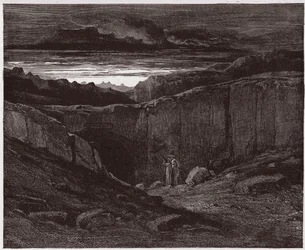 Den gudomliga komedin (La Divina Commedia, La Divine Comédie), Inferno, sång 3: Vergilius och Dante vid helvetets portar - av Dante Alighieri (1265-1321) - illustration av Gustave Doré (1832-1883)