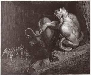 The Divine Comedy (La Divina Commedia, La Divine Comedie), Inferno, Canto 5: Minos dömer överträdelserna och skickar ut själarna - av Dante Alighieri (1265-1321) - Illustration av Gustave Dore (1832-1883)