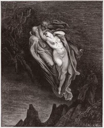 Den gudomliga komedin (La Divina Commedia, La Divine Comédie), Inferno, sång 5: Paolo och Francescas själar - av Dante Alighieri (1265-1321) - illustration av Gustave Doré (1832-1883)