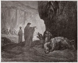 Den gudomliga komedin, Inferno, Sång 6: Vergilius matar Kerberos i den tredje kretsen - av Dante Alighieri (1265-1321) - Illustration av Gustave Doré (1832-1883)