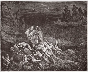 Den gudomliga komedin, Helvetet, Sång 7: Vergilius visar Dante de vredgas själar i Styx - av Dante Alighieri (1265-1321) - Illustration av Gustave Doré (1832-1883)
