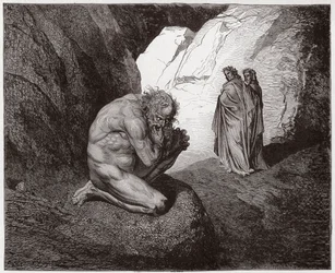 Den gudomliga komedin, Helvetet, Sång 7: Vergilius tillrättavisar Plutus vid ingången till den fjärde kretsen - av Dante Alighieri (1265-1321) - illustration av Gustave Doré (1832-1883)