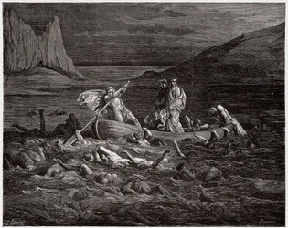 Den gudomliga komedin, Helvetet, Sång 8: Flegyas fär Dante och Vergilius över Styx - av Dante Alighieri (1265-1321) - Illustration av Gustave Doré (1832-1883)