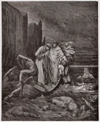 The Divine Comedy (La Divina Commedia, La Divine Comedie), Inferno, Canto 8: Florentinaren Philippo Argentis själ tilltalar poeterna på Styxen - av Dante Alighieri (1265-1321) - Illustration av Gustave Dore (1832-1883)