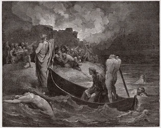 Den gudomliga komedin, Inferno, sång 8: Vergilius och Dante går i land vid Dis citadell - av Dante Alighieri (1265-1321) - Illustration av Gustave Doré (1832-1883)