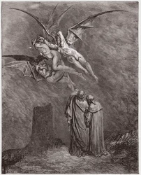 Den gudomliga komedin (La Divina Commedia, La Divine Comédie), Inferno, sång 9: De fasansfulla erinyerna: Megaera, Tisiphone, Alecto - av Dante Alighieri (1265-1321) - Illustration av Gustave Doré (1832-1883)