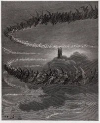 Den gudomliga komedin (La Divina Commedia, La Divine Comedie), Paradiso, Canto 18: I Jupiters sfär cirklar de välsignade själarna för att forma bokstäver - av Dante Alighieri (1265-1321) - Illustration av Gustave Dore (1832-1883)