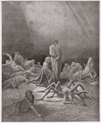 Den gudomliga komedin, Purgatorio, sång 12: Dante betraktar Arachnes själ - av Dante Alighieri (1265-1321) - illustration av Gustave Doré (1832-1883)