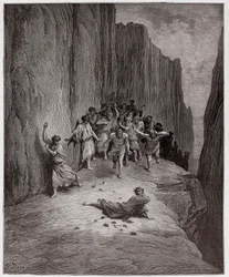 The Divine Comedy (La Divina Commedia, La Divine Comedie), Purgatorio, Canto 15: Dantes vision av steningen av Stephen - av Dante Alighieri (1265-1321) - Illustration av Gustave Dore (1832-1883)