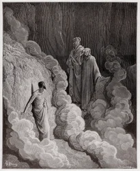 The Divine Comedy (La Divina Commedia, La Divine Comedie), Purgatorio, Canto 16: Dante talar till Marco Lombardos själ - av Dante Alighieri (1265-1321) - Illustration av Gustave Dore (1832-1883)