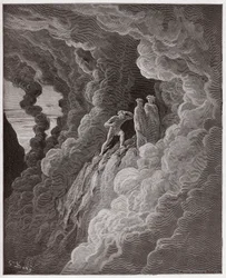 The Divine Comedy (La Divina Commedia, La Divine Comedie), Purgatorio, Canto 16: Marco Lombardo följer poeterna genom röken - av Dante Alighieri (1265-1321) - Illustration av Gustave Dore (1832-1883)
