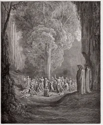 Den gudomliga komedin (La Divina Commedia, La Divine Comedie), Purgatorio, Canto 24: De frossande själarna som ropar under trädet - av Dante Alighieri (1265-1321) - Illustration av Gustave Dore (1832-1883)