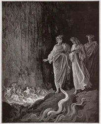 Den gudomliga komedin (La Divina Commedia, La Divine Comedie), Purgatorio, Canto 25: Poeterna i den sjunde cirkeln - av Dante Alighieri (1265-1321) - Illustration av Gustave Dore (1832-1883)