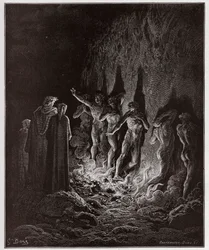 Den gudomliga komedin, Purgatorio, Sång 25: De vällustiga går genom eld i den sjunde kretsen - av Dante Alighieri (1265-1321) - Illustration av Gustave Doré (1832-1883)