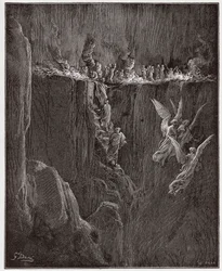 Den gudomliga komedin, Purgatorio, Sång 25: Vergilius och Dante stiger genom flammor till den sjunde kretsen - av Dante Alighieri (1265-1321) - Illustration av Gustave Doré (1832-1883)