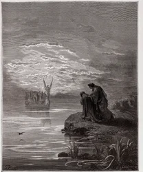 The Divine Comedy (La Divina Commedia, La Divine Comedie), Purgatorio, Canto 2: Dante bugar sig för änglapiloten - av Dante Alighieri (1265-1321) - Illustration av Gustave Dore (1832-1883)