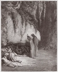 The Divine Comedy (La Divina Commedia, La Divine Comedie), Purgatorio, Canto 4: The indolent souls beside the rock - av Dante Alighieri (1265-1321) - Illustration av Gustave Dore (1832-1883)