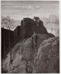 The Divine Comedy (La Divina Commedia, La Divine Comedie), Purgatorio, Canto 4: Vergilius leder Dante uppför den karga bergssidan - av Dante Alighieri (1265-1321) - Illustration av Gustave Dore (1832-1883)