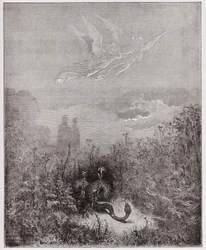 The Divine Comedy (La Divina Commedia, La Divine Comedie), Purgatorio, Canto 8: Änglarna driver bort ormen - av Dante Alighieri (1265-1321) - Illustration av Gustave Dore (1832-1883)