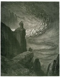 Dante Alighieris Helvete, Den gudomliga komedin, illustrerad av Gustave Doré. Fransk utgåva från 1861. ”La bufera infernal, che mai non resta / Mena gli spirti con la sua rapina. (Den helvetiska orkanen, som aldrig upphör, drar andarna in i sin