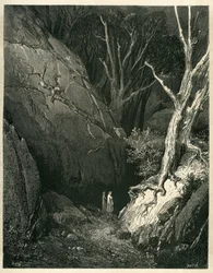 Dante Alighieris Helvetet (Den gudomliga komedin) illustrerad av Gustave Dore. Fransk utgåva från 1861. "Allor si mosse, ed io gli tenni dietro. (Sedan satte han igång, och jag följde honom)", sång 1 v.136.