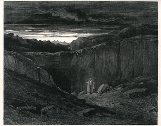 Dante Alighieris Helvete ur Den gudomliga komedin, illustrerat av Gustave Doré. Fransk utgåva från 1861. Dante och Vergilius vid ingången till helvetet: ”Lämnen allt hopp, I som här inträden”, sång 3, vers 9.