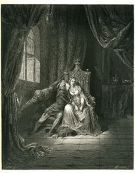 Dante Alighieris Helvetet (Den gudomliga komedin) illustrerad av Gustave Dore. Fransk utgåva från 1861. Francesca da Rimini och hennes älskare: "Quel giorno piu non vi leggemo avante. (Denna dag läser vi inte vidare)", sång 5. v. 138