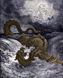 Leviatan, ett havsmonster som liknar den havsorm som nämns i Bibeln. Bibelillustrationer av Gustave Doré. Gravyr från 1800-talet.
