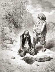 The Miser Who Lost His Treasure, från en utgåva från slutet av 1800-talet av Fables de La Fontaine (trägravyr)