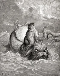 Apan och delfinen efter ett verk av Gustave Dore till en fabel av La Fontaine. Ur Gustave Dores liv och minnen, publicerad 1885.