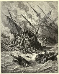 "Sjöslaget vid Lepanto" Det ledde till en allians mellan Spanien, Venedig och påven mot osmanerna 1571 utanför Grekland. Gravyr av Gustave Dore (1832-1883) från "The History of the Crusades" av Joseph Francois Michaud