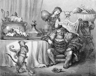 Ogern tar emot katten, illustration till «Mästerkatten i stövlar» av Charles Perrault (1628-1703), 1883