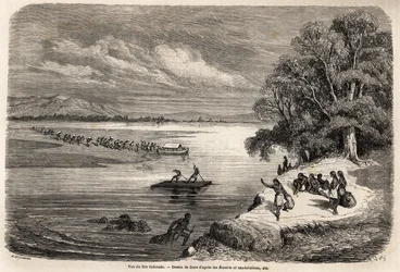 Korsningen av Coloradofloden med flotte, åtföljd av några Mohaves-indianer, teckning av Gustave Dore (1832-1883), för att illustrera Mississippis resa till Stilla havet 1853-54 av Baudouin Mollhausen (1825-1905). Gravyr i "" Le tour du