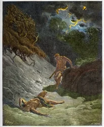 Abels död - Mordet på Abel av Kain - Gravyr i ”Den illustrerade Bibeln” av Gustave Doré (1832-1883) - Gravyr ur ”Dorés bibel”