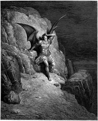 Ängeln Lucifers fall (Satan, fallen ängel, fallen från himlen till jorden). Illustration av Gustave Doré till John Miltons (1608-1674) ”Det förlorade paradiset”. Gravyr från 1866. Privatsamling