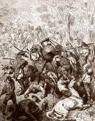 Kampen mot muleteers av Yanguas Gravyr av Gustave Dore (1832-1883) för "The Ingenieux Hidalgo Don Quixotte de la Manche (Quixotte - Quijote)" av Miguel de Cervantes (1547-1616) 1863 Privat samling