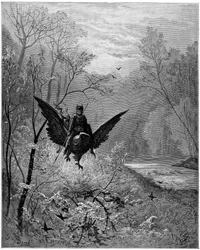 Hippogryfen, riden av riddaren Ruggiero (Roger, Ruggero), anländer till en skrattande trakt - Gravyr av Gustave Doré som illustrerar «Den rasande Roland» av Ludovico Ariosto (1474-1533), kallad Ariosto - Hippogryf, illustration av Gustave Doré till Ariosto