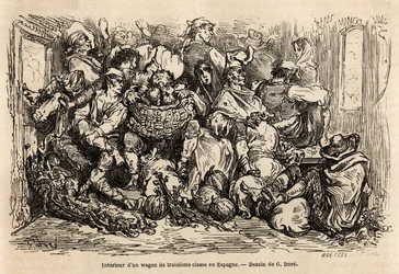 Interiören av en tredje klass vagn i Spanien, teckning av Gustave Dore (1832-1883), för att illustrera hans resa till Spanien, med C. Davillier, 1862. Gravyr i "" Le tour du monde "", redigerad av Edouard Charton