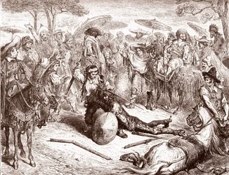 Köpmännen i Toledo ser på när en av deras mulförare slår Don Quijote Gravyr av Gustave Dore (1832-1883) för "The Ingenieux Hidalgo Don Quixote Quijote" av Miguel de Cervantes (1547-1616)) 1863 Privat samling