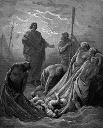 Det mirakulösa draget av fiskar. Lukas: 5:6. Från Gustave Dores illustrerade bibel 1865