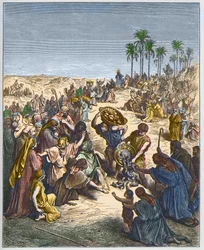 Brödets förökning - Kristus matar mängden (Abundance Bread Christianity Crowd Graving Fish) - gravyr i "The Bible illustree" av Gustave Dore (1832-1883) - Gravyr från "" The Dore Bible""