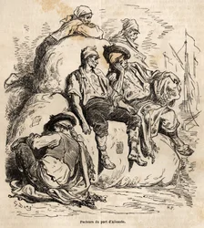 Tuppluren för bärarna i Alicantes hamn, skiss gjord på Gustave Dores livliga (1832-1883), för att illustrera hans resa till Spanien, 1862, med Ch. Davillier. Gravyr i "" Le tour du monde"", redigerad av Edouard Charton